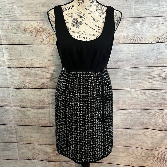 Tibi Dress Tweed Bottom Wool Bodice Size 2 Faux Leather Trim Black & White - Picture 1 of 12
